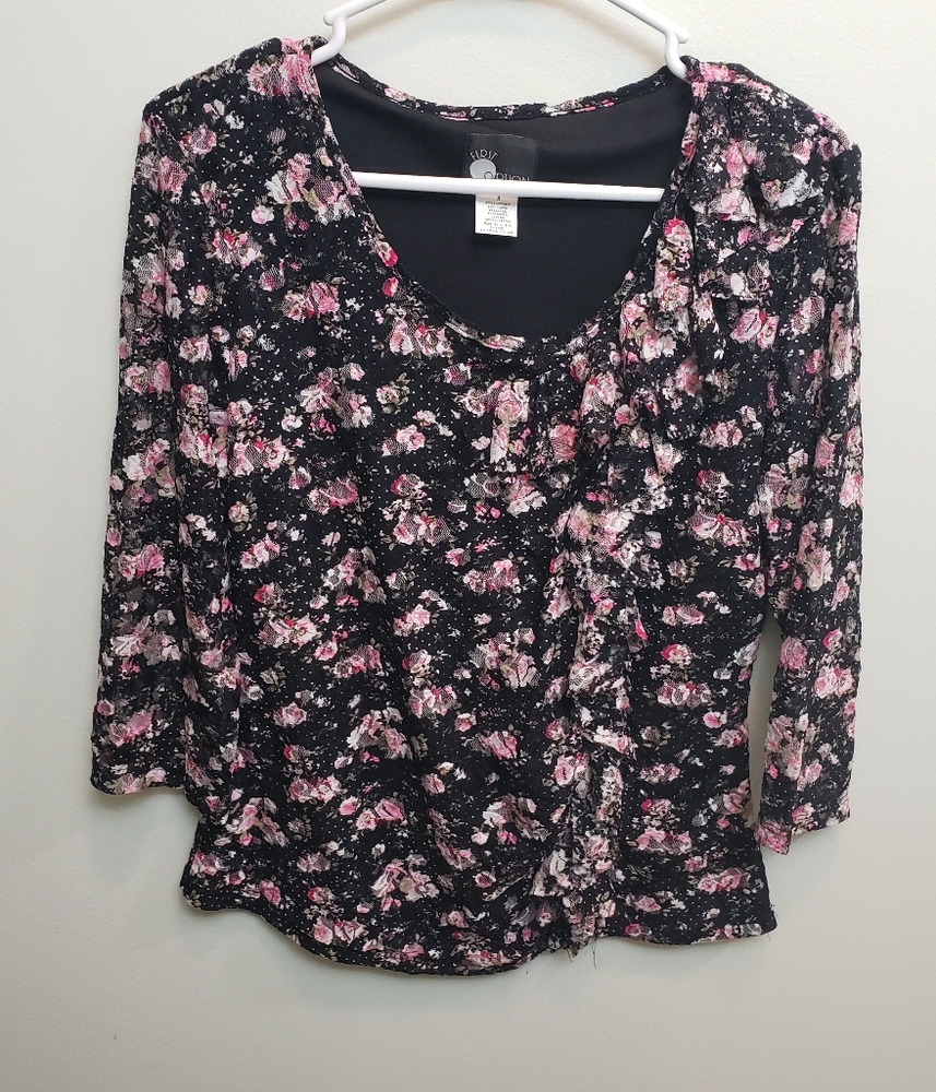 First Option Y2k Floral Black and Pink Women's Top Ruffle Detail Size Medium